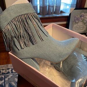 TOP Moda Blue Heeled Boots with Rhinestone Fringe